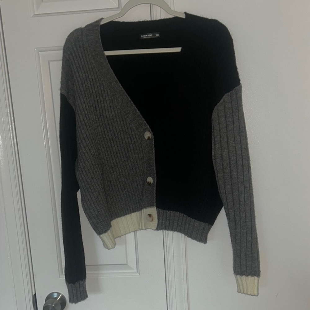 SHEIN Black and Gray Colorblock Cardigan Sweater